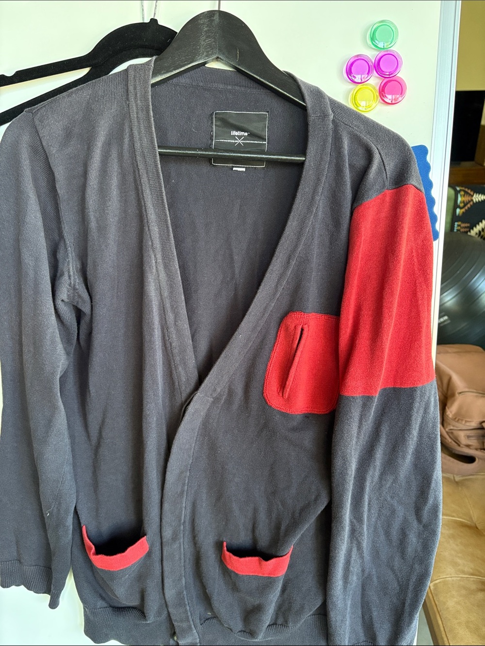 Navy Cardigan with Red Accent Pockets and Sleeve
